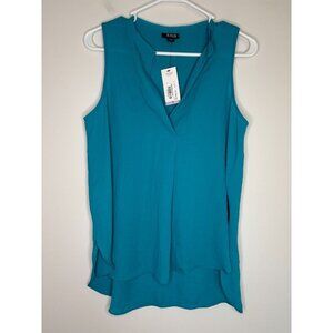 ANA NEW JC Penney V-Neck Top Women M Petite Boardwalk Blue Hi Low Raw Edge Flowy